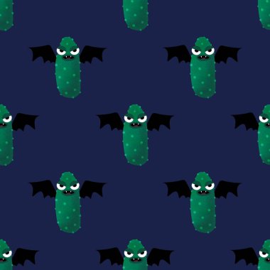 Cadılar Bayramı sarma kağıtları, çocuklar, kartlar, kumaşlar ve ambalajlar için kusursuz yeşil salatalık vampir deseni. Yüksek kalite fotoğraf