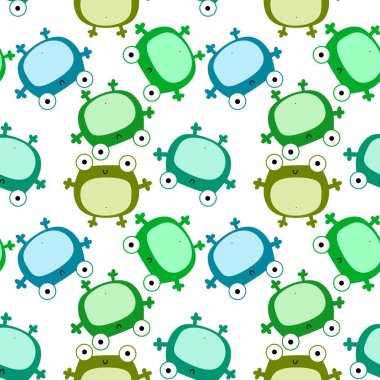 Çocuklar, anaokulu, kumaşlar ve ambalaj kağıtları için çizgi filmsiz kawaii kurbağaları deseni. Yüksek kalite fotoğraf