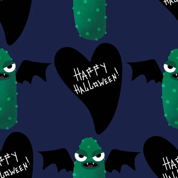 Halloween Zökkenőmentes Zöld Uborka Vámpír Minta Csomagolására Papír Gyerekek Kártyák — Stock Fotó