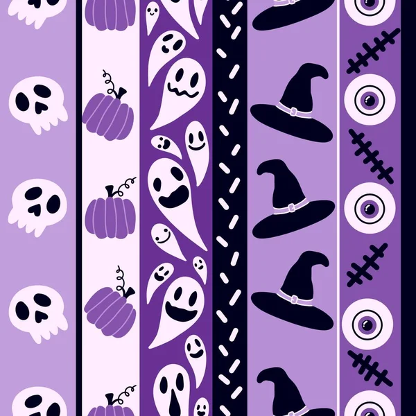 Cartoon seamless Halloween wrapping paper pattern with sculls and ghost and pumpkins and witch hat for packaging and fabrics and kids and notebooks. High quality photo