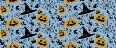 Cadılar Bayramı pürüzsüz balkabakları ve cadı şapkası kumaşlar için hayalet deseni ve ambalaj kağıdı ve kıyafet baskısı not defterleri ve aksesuarlar ve parti. Yüksek kaliteli illüstrasyon