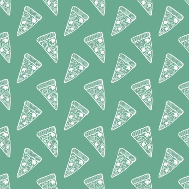 Çizgi film pizzası kumaşlar, ambalaj kağıtları, kıyafet baskıları, aksesuarlar ve çocuklar için kusursuz yemek menüsü deseni. Yüksek kaliteli illüstrasyon