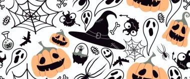 Cadılar Bayramı pürüzsüz balkabakları ve cadı şapkası kumaşlar için hayalet deseni ve ambalaj kağıdı ve kıyafet baskısı not defterleri ve aksesuarlar ve parti. Yüksek kaliteli illüstrasyon