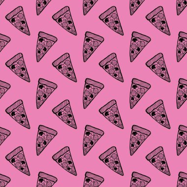 Çizgi film pizzası kumaşlar, ambalaj kağıtları, kıyafet baskıları, aksesuarlar ve çocuklar için kusursuz yemek menüsü deseni. Yüksek kaliteli illüstrasyon