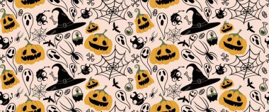 Cadılar Bayramı pürüzsüz balkabakları ve cadı şapkası kumaşlar için hayalet deseni ve ambalaj kağıdı ve kıyafet baskısı not defterleri ve aksesuarlar ve parti. Yüksek kaliteli illüstrasyon