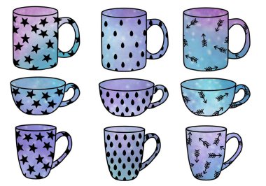 Set cups of tea or coffee for stickers and notebooks and pattern and wrapping paper and accessories and kids and menu. High quality illustration 