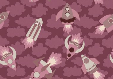 Çizgi filmlerde kumaşlar, çocuklar, okul defterleri, giysi baskısı ve anaokulu için kusursuz uzay gemisi deseni. Yüksek kalite fotoğraf