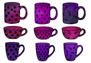 Set cups of tea or coffee for stickers and notebooks and pattern and wrapping paper and accessories and kids and menu. High quality illustration 