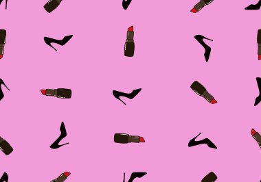 Paket kağıdı, giysi baskısı, defterler, dükkanlar ve hobiler için kusursuz ayakkabılar ve ruj deseni. Yüksek kaliteli illüstrasyon