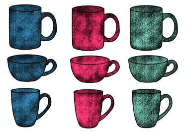 Set cups of tea or coffee for stickers and notebooks and pattern and wrapping paper and accessories and kids and menu. High quality illustration 