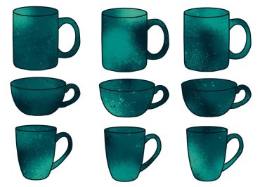 Set cups of tea or coffee for stickers and notebooks and pattern and wrapping paper and accessories and kids and menu. High quality illustration 