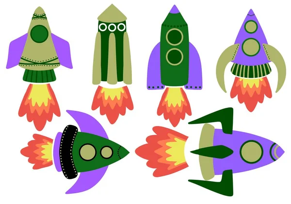 Establecer Nave Espacial Dibujos Animados Para Pegatinas Niños Pasatiempos Cuadernos — Foto de Stock