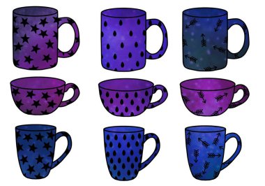 Set cups of tea or coffee for stickers and notebooks and pattern and wrapping paper and accessories and kids and menu. High quality illustration 