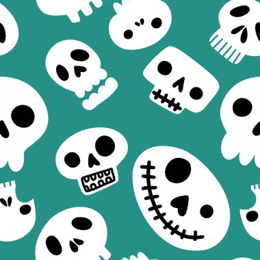 Cadılar Bayramı 'nın kusursuz karikatür şekilleri şenlik aksesuarları, ambalaj kağıtları, kumaşlar, kıyafet baskıları, çocuklar ve defterler için. Yüksek kaliteli illüstrasyon