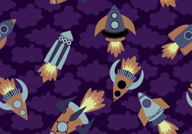 Çizgi filmlerde kumaşlar, çocuklar, okul defterleri, giysi baskısı ve anaokulu için kusursuz uzay gemisi deseni. Yüksek kalite fotoğraf