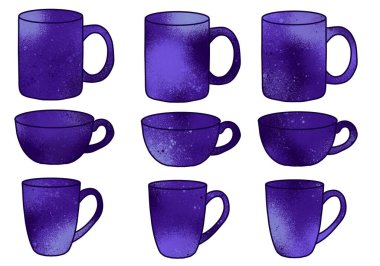 Set cups of tea or coffee for stickers and notebooks and pattern and wrapping paper and accessories and kids and menu. High quality illustration 
