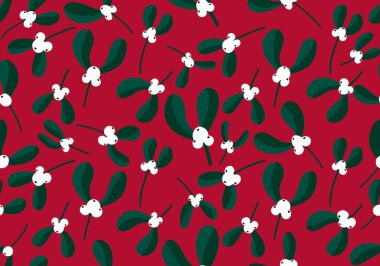 Kış Noel 'inde, yeni yıl kâğıtları, kumaşlar, çocuklar, not defterleri ve giysi baskıları için ökseotu çiçeği desenleri. Yüksek kaliteli illüstrasyon