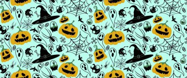 Cadılar Bayramı pürüzsüz balkabakları ve cadı şapkası kumaşlar için hayalet deseni ve ambalaj kağıdı ve kıyafet baskısı not defterleri ve aksesuarlar ve parti. Yüksek kaliteli illüstrasyon