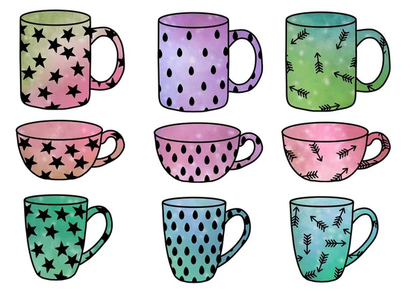 Set Cups Tea Coffee Stickers Notebooks Pattern Wrapping Paper Accessories — Zdjęcie stockowe
