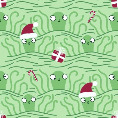 Noel 'de Noel Baba ahtapot desenli karikatürlerde kıyafet baskısı, ambalaj kağıdı, çocuklar ve aksesuarlar. Yüksek kaliteli illüstrasyon