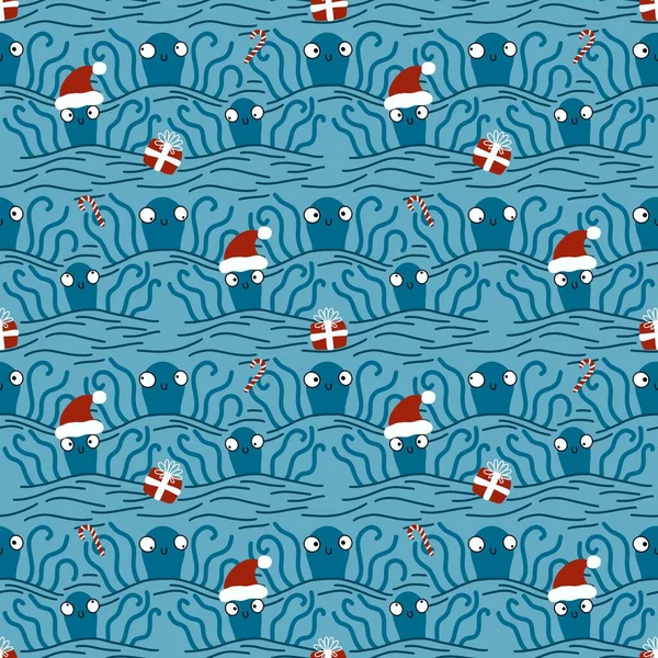 Christmas on the beach seamless cartoon octopus Santa hat pattern for clothes print and wrapping paper and kids and accessories. High quality illustration