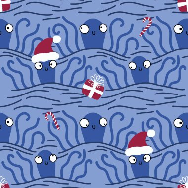 Noel 'de Noel Baba ahtapot desenli karikatürlerde kıyafet baskısı, ambalaj kağıdı, çocuklar ve aksesuarlar. Yüksek kaliteli illüstrasyon