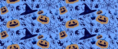 Cadılar Bayramı pürüzsüz balkabakları ve cadı şapkası kumaşlar için hayalet deseni ve ambalaj kağıdı ve kıyafet baskısı not defterleri ve aksesuarlar ve parti. Yüksek kaliteli illüstrasyon