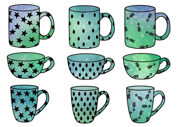 Set Cups Tea Coffee Stickers Notebooks Pattern Wrapping Paper Accessories — ストック写真