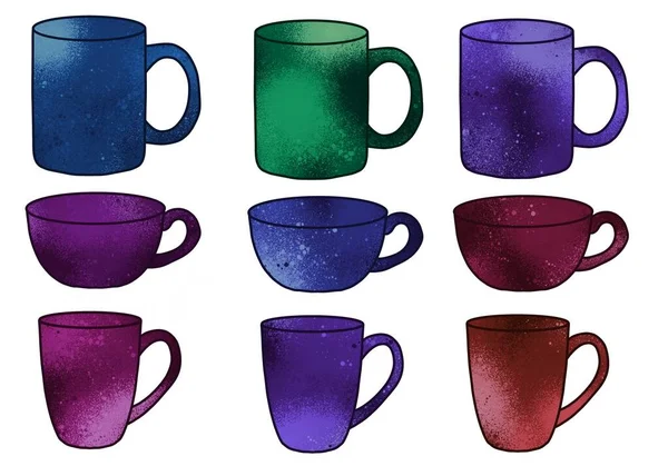 Set cups of tea or coffee for stickers and notebooks and pattern and wrapping paper and accessories and kids and menu. High quality illustration 