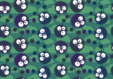 Çizgi filmlerdeki kabarık tüylü canavarlar Cadılar Bayramı 'nda kıyafet baskısı, ambalaj kağıdı, çocuklar, aksesuarlar ve defterler için kusursuz bir desen oluşturuyor. Yüksek kaliteli illüstrasyon