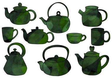 Çıkartmalar, ambalaj kağıtları, giysi baskıları, defterler, aksesuarlar ve süslemeler için çaydanlık çaydanlığı bardakları hazırlayın. Yüksek kaliteli illüstrasyon