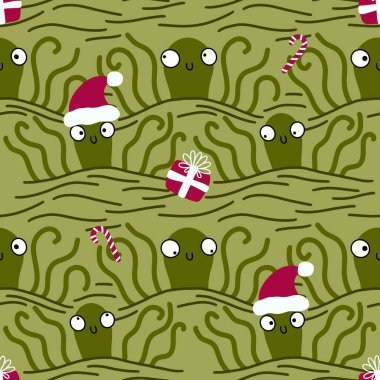 Noel 'de Noel Baba ahtapot desenli karikatürlerde kıyafet baskısı, ambalaj kağıdı, çocuklar ve aksesuarlar. Yüksek kaliteli illüstrasyon