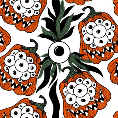 Cadılar Bayramı 'nda kağıt, kumaş, aksesuar, şenlik ve çocuklar için göz desenli kusursuz canavar balkabakları. Yüksek kaliteli illüstrasyon