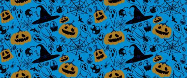 Cadılar Bayramı pürüzsüz balkabakları ve cadı şapkası kumaşlar için hayalet deseni ve ambalaj kağıdı ve kıyafet baskısı not defterleri ve aksesuarlar ve parti. Yüksek kaliteli illüstrasyon