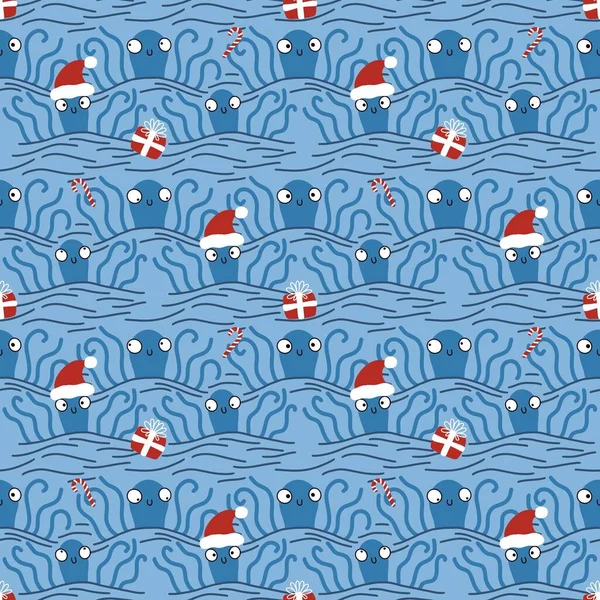 Christmas on the beach seamless cartoon octopus Santa hat pattern for clothes print and wrapping paper and kids and accessories. High quality illustration