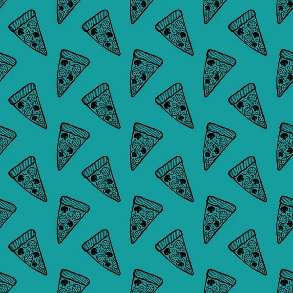 Çizgi film pizzası kumaşlar, ambalaj kağıtları, kıyafet baskıları, aksesuarlar ve çocuklar için kusursuz yemek menüsü deseni. Yüksek kaliteli illüstrasyon