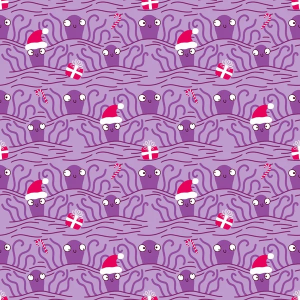 Christmas Beach Seamless Cartoon Octopus Santa Hat Pattern Clothes Print —  Fotos de Stock