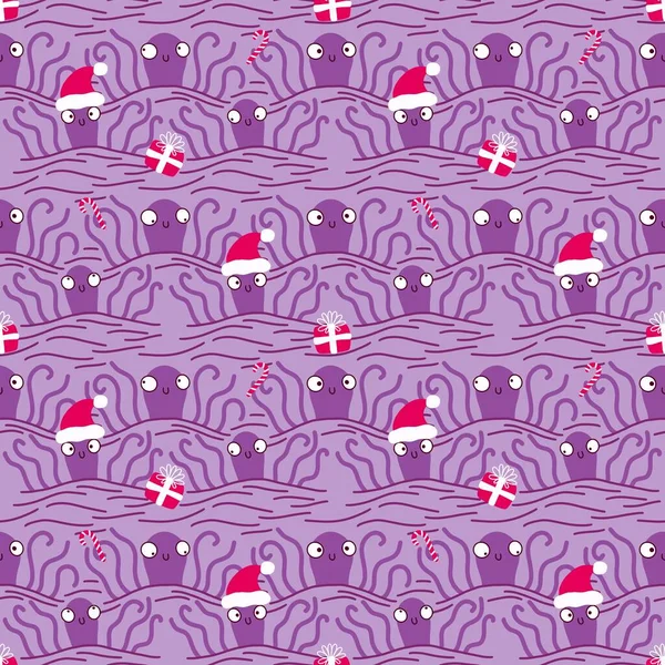 Christmas on the beach seamless cartoon octopus Santa hat pattern for clothes print and wrapping paper and kids and accessories. High quality illustration