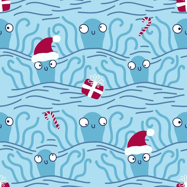 Christmas on the beach seamless cartoon octopus Santa hat pattern for clothes print and wrapping paper and kids and accessories. High quality illustration