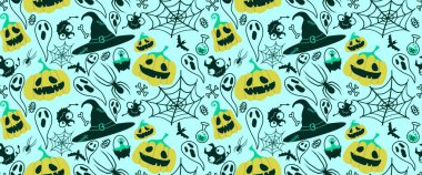 Cadılar Bayramı pürüzsüz balkabakları ve cadı şapkası kumaşlar için hayalet deseni ve ambalaj kağıdı ve kıyafet baskısı not defterleri ve aksesuarlar ve parti. Yüksek kaliteli illüstrasyon