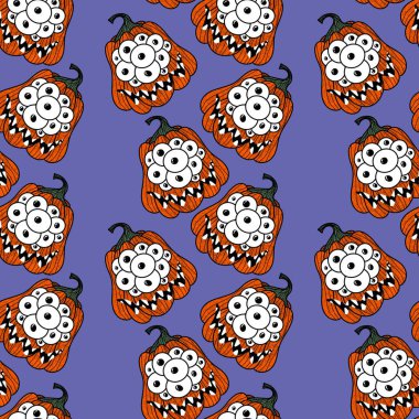 Cadılar Bayramı 'nda kağıt, kumaş, aksesuar, şenlik ve çocuklar için göz desenli kusursuz canavar balkabakları. Yüksek kaliteli illüstrasyon