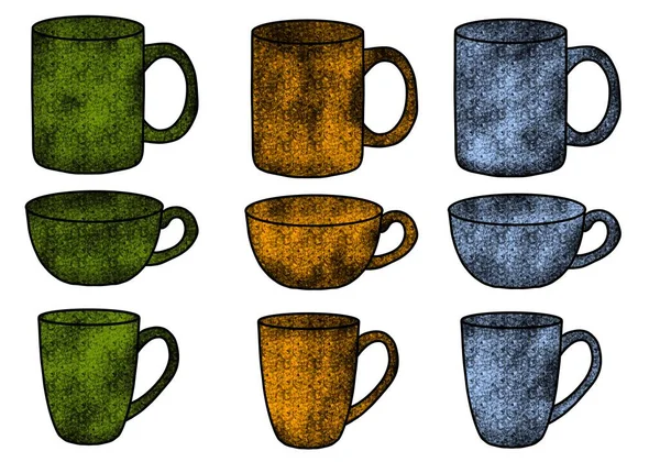 Set Cups Tea Coffee Stickers Notebooks Pattern Wrapping Paper Accessories — Fotografia de Stock