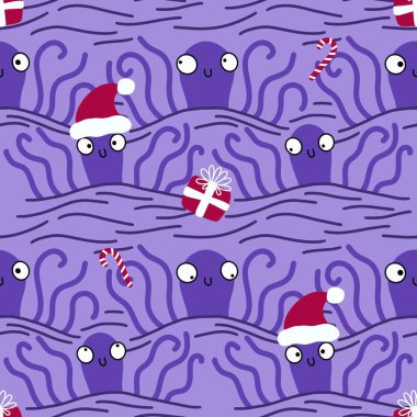 Noel 'de Noel Baba ahtapot desenli karikatürlerde kıyafet baskısı, ambalaj kağıdı, çocuklar ve aksesuarlar. Yüksek kaliteli illüstrasyon