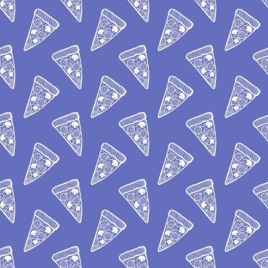 Çizgi film pizzası kumaşlar, ambalaj kağıtları, kıyafet baskıları, aksesuarlar ve çocuklar için kusursuz yemek menüsü deseni. Yüksek kaliteli illüstrasyon