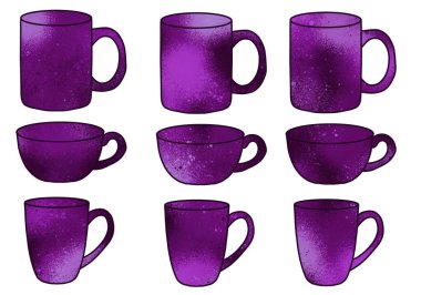 Set cups of tea or coffee for stickers and notebooks and pattern and wrapping paper and accessories and kids and menu. High quality illustration 