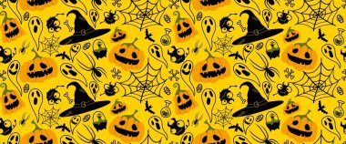 Cadılar Bayramı pürüzsüz balkabakları ve cadı şapkası kumaşlar için hayalet deseni ve ambalaj kağıdı ve kıyafet baskısı not defterleri ve aksesuarlar ve parti. Yüksek kaliteli illüstrasyon