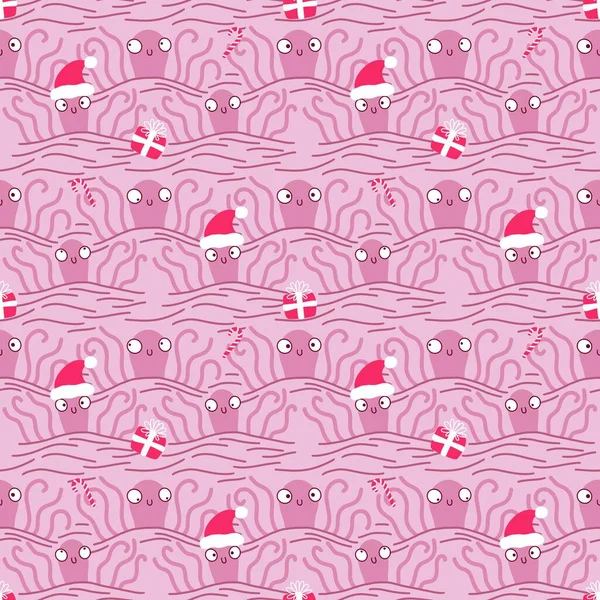 Christmas Beach Seamless Cartoon Octopus Santa Hat Pattern Clothes Print — Fotografia de Stock