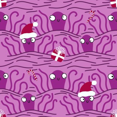 Noel 'de Noel Baba ahtapot desenli karikatürlerde kıyafet baskısı, ambalaj kağıdı, çocuklar ve aksesuarlar. Yüksek kaliteli illüstrasyon