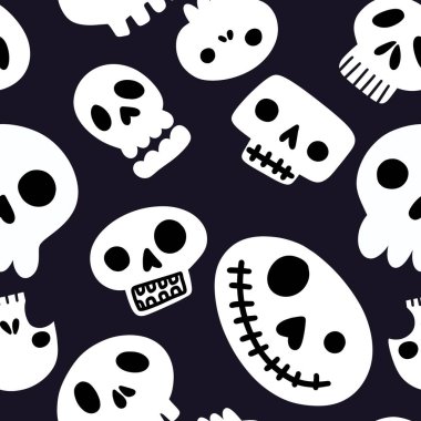 Cadılar Bayramı 'nın kusursuz karikatür şekilleri şenlik aksesuarları, ambalaj kağıtları, kumaşlar, kıyafet baskıları, çocuklar ve defterler için. Yüksek kaliteli illüstrasyon