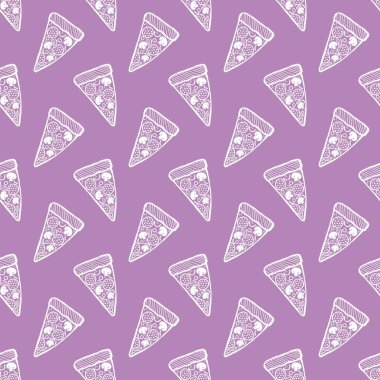 Çizgi film pizzası kumaşlar, ambalaj kağıtları, kıyafet baskıları, aksesuarlar ve çocuklar için kusursuz yemek menüsü deseni. Yüksek kaliteli illüstrasyon